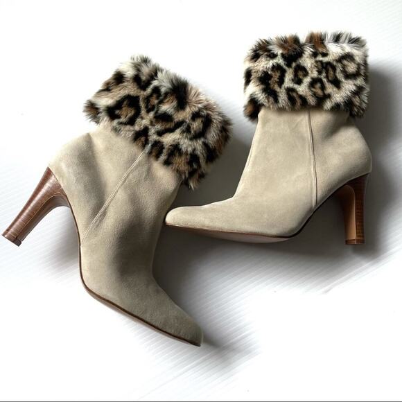 🆕Colin Stuart leopard faux fur suede booties cream size 9 NWOT - Picture 1 of 14